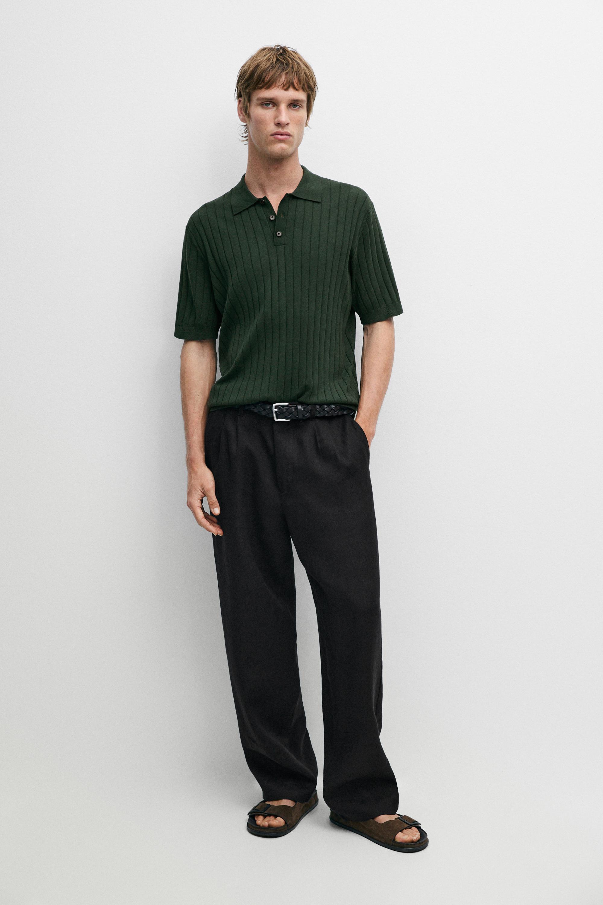 Ribbed knit cotton blend polo shirt
